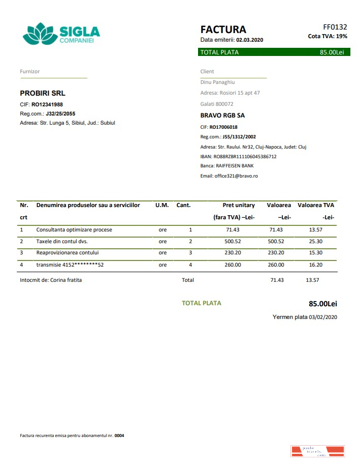 Romania SIGLA COMPANIEI utility bill template in Word and PDF format